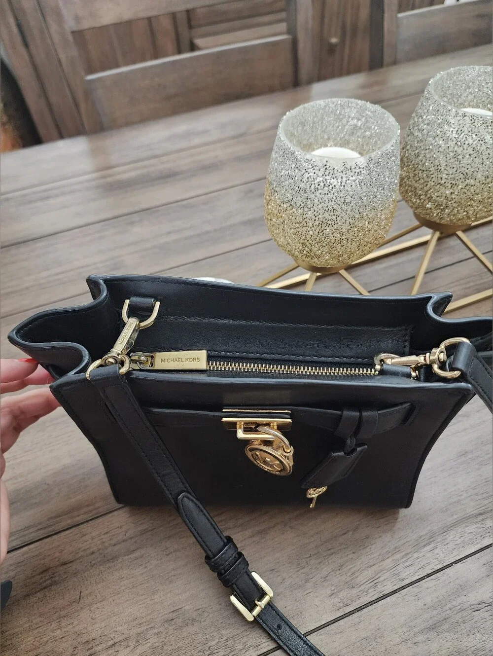 Michael Kors Black Leather Crossbody Bag with Gold Hardware & Lock&key Mini Tote